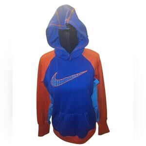 Blue Therma-Fit Nike Hoodie With Orange Logo Pullover Sweatshirt Kids Medium